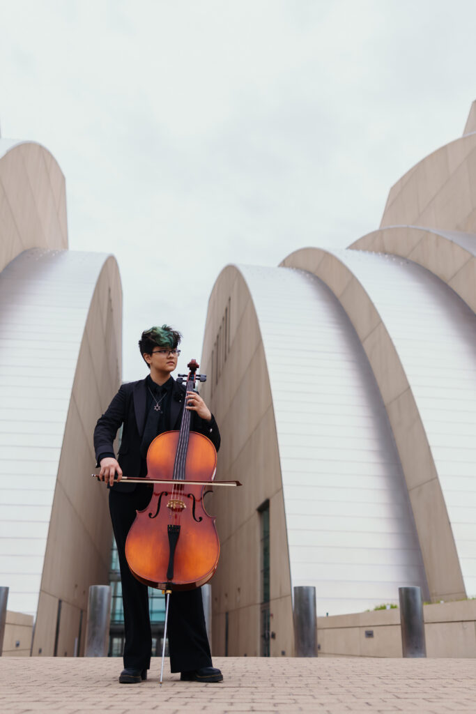 Kansas City senior portraits at Kauffman Performing Arts Center with cello