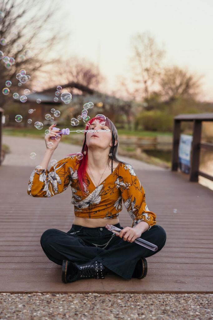 Kansas City senior photoshoot candid with bubbles
