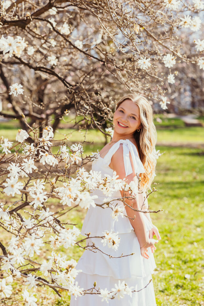 Golden hour senior photos in Kansas City Loose Park setting