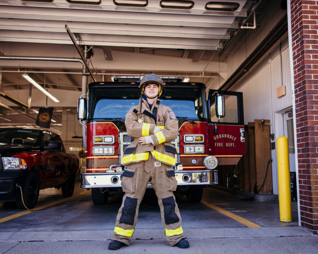 Senior boy portraits with fire truck for Kansas City high school senior