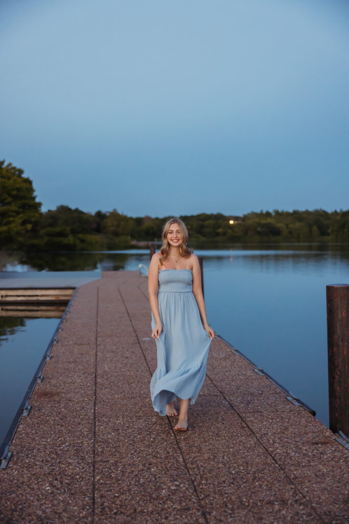 Kansas City high school senior at Johnson County Shawnee Mission Park lake at blue hour