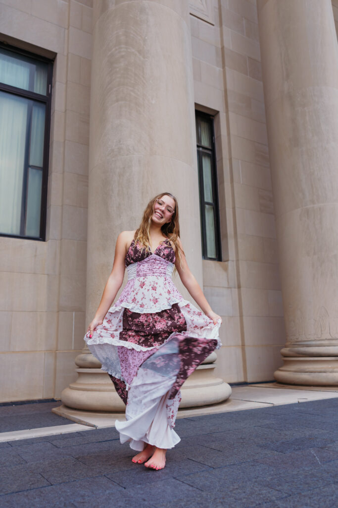 Kansas City high school senior session at the Nelson with long flowing dress