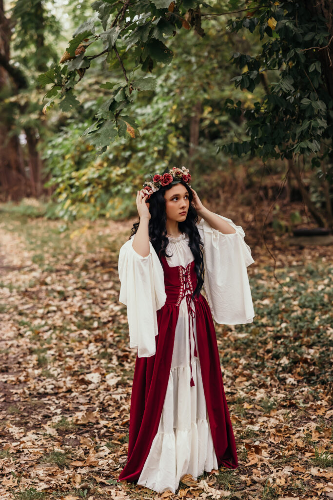 Kansas City high school senior fall photoshoot at Antioch Park with flower crown and unique outfit